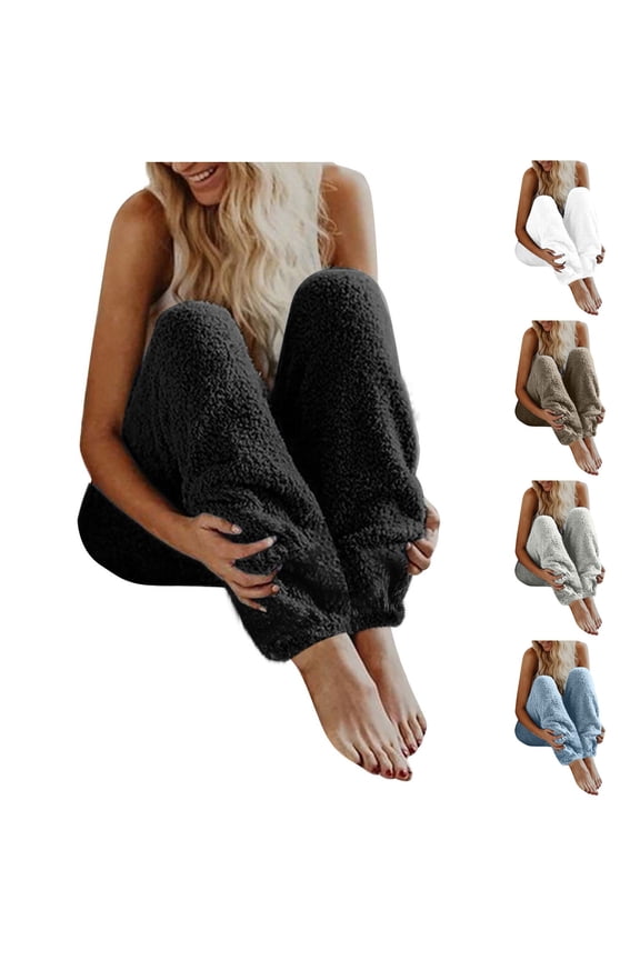Womens Fuzzy Leggings Winter Warm Fleece Pajama Bottoms Cozy Soft Fluffy Lounge Pants Solid Color Casual Plush Pj Leggings Black M