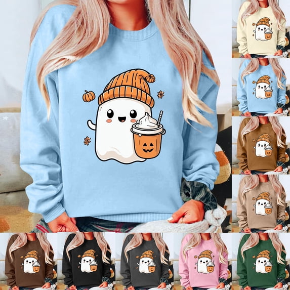Feancey Womens Graphic Sweatshirts Funny Cute Ghost Crewneck Pullover Tops Holiday Casual Long Sleeve Loose Sweatshirt Teen Girl Y2K Clothes Gray L