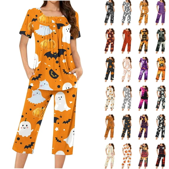 Feancey Womens Halloween 2 Piece Sets Novelty Pumpkin Printed Pajama Set Ruched Casual Henley Shirt and Capri Pants Loungewear Sets with Pockets Orange XXL