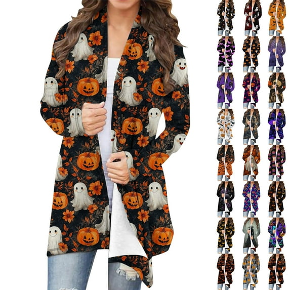 Feancey Womens Halloween Cardigans Fall Long Sleeve Open Front Kimono Jacket Lightweight Casual Pumpkin Print Cardigan Sweaters Multicolor 3XL