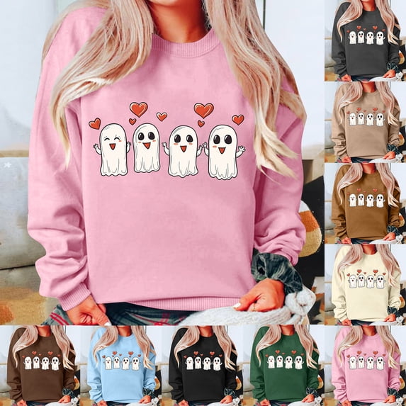 Feancey Womens Halloween Graphic Sweatshirts Cute Ghost Printed Crewneck Tops Teen Girl Long Sleeve Loose Pullover Sweatshirt Khaki S