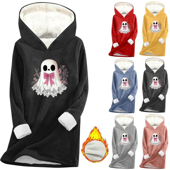 Feancey Womens Halloween Hoodies Funny Cute Ghost Print Loungewear Pajamas Winter Fleece Lined Thermal Tops Holiday Casual Pullover Sweatshirt Black M