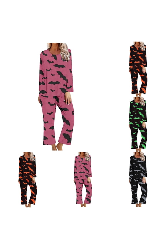 Womens Halloween Pjs Set Vintage Bat Print Long Sleeve Tops Wide Leg Pants Lounge Pajama Sets Cozy Soft Sleepwear Homewear Outfits Green L