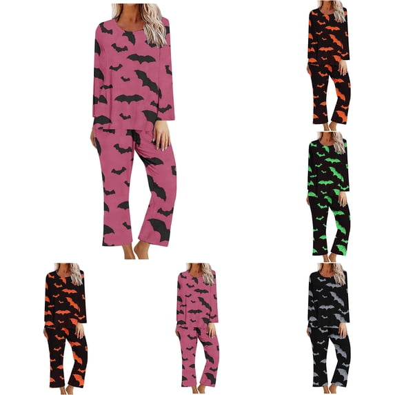 Feancey Womens Halloween Pjs Set Vintage Bat Print Long Sleeve Tops Wide Leg Pants Lounge Pajama Sets Cozy Soft Sleepwear Homewear Outfits Green XL