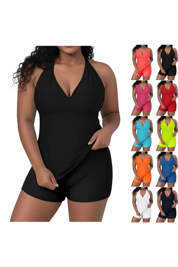 Womens Halter Tankini Set Summer Beach Cover Ups Deep V Tummy Control Bathing Suits Plus Size Modest Swimsuit Sets Orange XXL