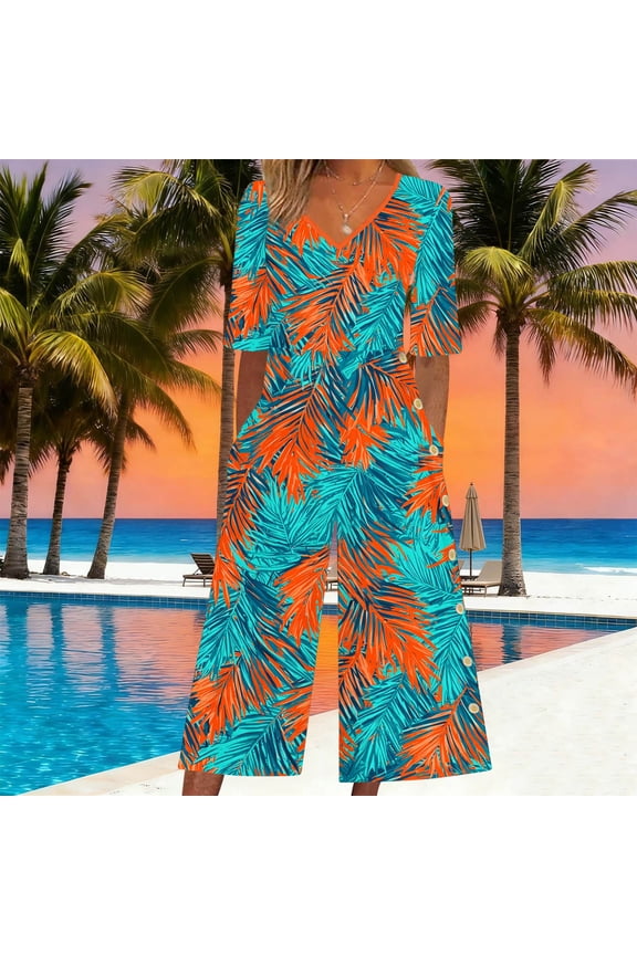 Womens Hawaiian V Neck Rompers Lightweight Short Sleeve Wide Leg Jumpsuits Comfy Loose Onesie with Pockets for Summer Beach Vacation Mint Green S