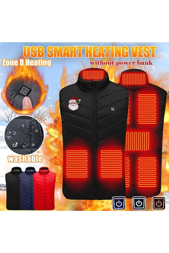 Womens Heated Vests Unisex USB Rechargeable 8 Zones Heating Vest Santa Claus Print Sleeveless Stand Collar Down Coats with Pockets Black M