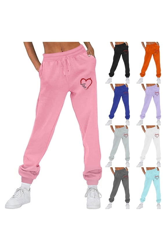 Womens High Waisted Jogger Pants Teen Girls Love Heart Printed Tapered Lounge Pants Fall Fleece Running Workout Pants with Pockets Clearance Sales,Gray,L