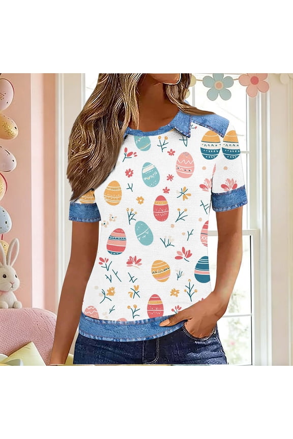 Womens Holiday Waffle Shirts Easter Day Funny Eggs Graphic Summer Tops Loose Fit Casual Denim Collar Tee Blouse Ladies Gifts White L