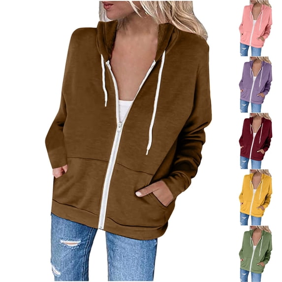 Feancey Womens Hooded Jackets 2024 Fashion Lightweight Zipper Sweatshirts Solid Color Casual Long Sleeve Hoodie Jacket with Pockets Back to College Sale Red 2XL