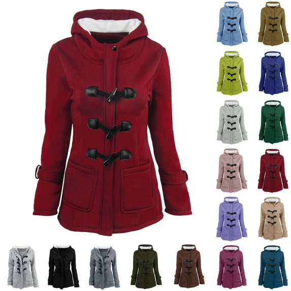Feancey Womens Hooded Jackets 2025 Winter Warm Horn Button Fashion Jackets Solid Color Casual Thicken Thermal Coat Outwear with Pockets Back to School Clearance Brown M