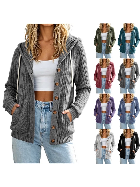 Womens Hooded Knit Cardigan Button Down Long Sleeve Sweater Jacket Cozy Casual Knitted Cardigans Solid Color Drawstring Hoodie Coats with Pockets Purple S