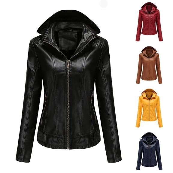 Feancey Womens Hooded Leather Jacket Zip up Casual Faux Fur Lined Hoodies Slim Fit Long Sleeve Windbreaker Winter Lightweight Outerwear Wine M