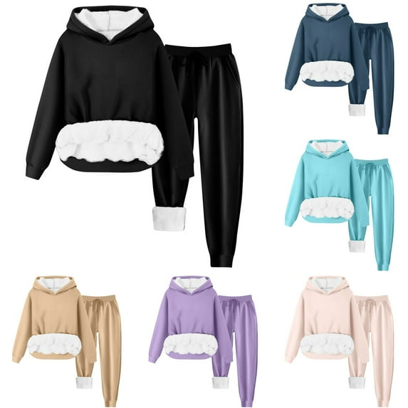 Feancey Womens Hooded Sweatsuits 2 Piece Set Winter Sherpa Fleece Lined Hoodies High Waisted Sweatpants Workout Sets with Pockets Black 3XL