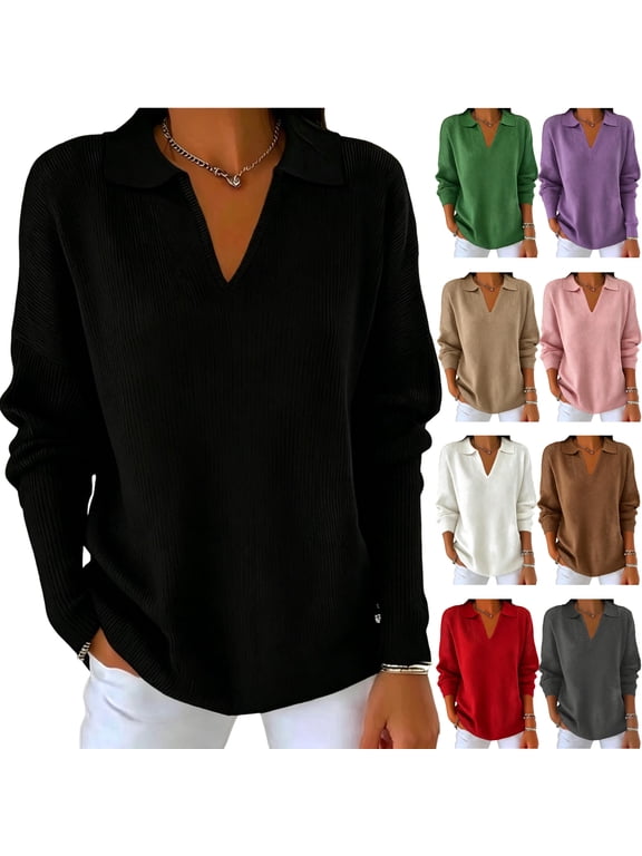 Womens Knit Polos Shirt Lapel Collar V Neck Long Sleeve Pullover Tops Loose Fit Casual Business Sweaters Soft Cozy Knitted Shirts Black XL