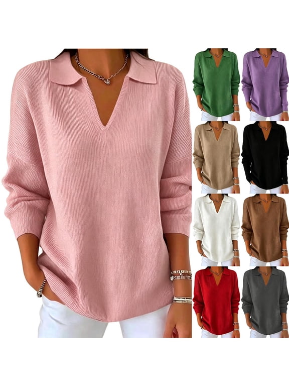 Womens Knit Polos Shirt Lapel Collar V Neck Long Sleeve Pullover Tops Loose Fit Casual Business Sweaters Soft Cozy Knitted Shirts Pink L