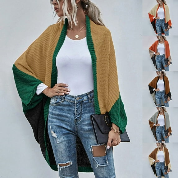 Feancey Womens Knitted Sweater Oversized Fashion Colorblock Shrugs Cardigans Comfy Loose Ribbed Knit Sweaters Cozy Bat Sleeve Open Front Duster Jackets Khaki M