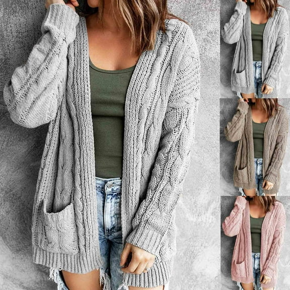 Feancey Womens Knitted Sweaters Cardigan Mid Length Casual Open Front Sweater Coats Cozy Cable Knit Long Sleeve Cardigans with Pockets Khaki M