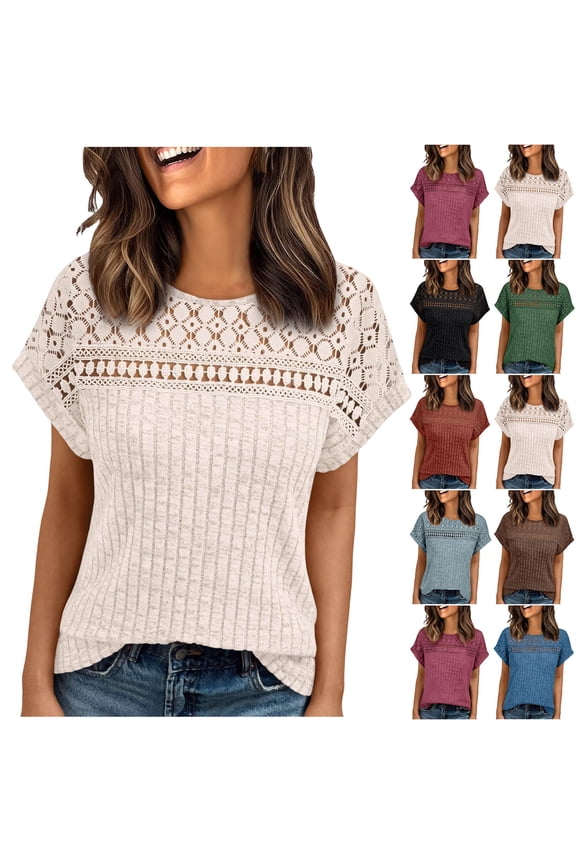 Womens Lace Short Sleeves Tshirts Crochet Casual Summer Tops Dressy Business Loose Tunic 2026 Fashion Going Out Blouses Brown XL
