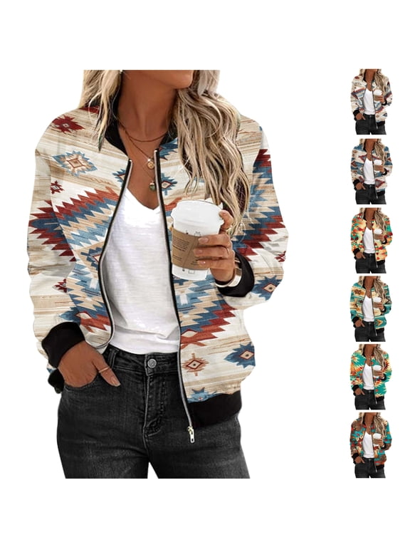 Womens Light Weight Bomber Jackets Casual Western Aztec Print Zip Up Coats Loose Fit Baseball Jacket Fall Hoodless Windproof Biker Jacket Coat Back to School Clearance,Multicolor#5,L
