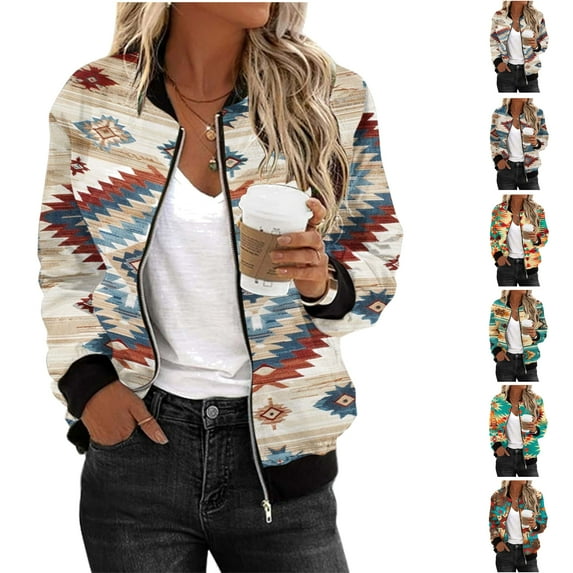 Feancey Womens Light Weight Bomber Jackets Casual Western Aztec Print Zip Up Coats Loose Fit Baseball Jacket Fall Hoodless Windproof Biker Jacket Coat Clearance Sale,Multicolor#1,L