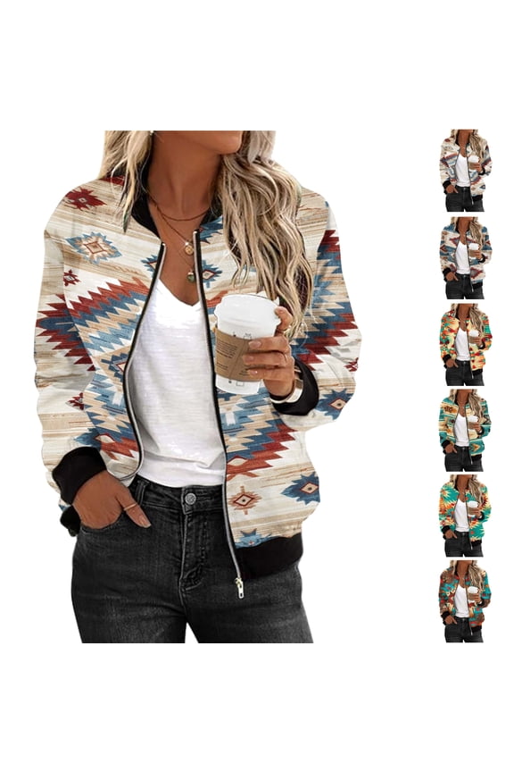 Womens Light Weight Bomber Jackets Casual Western Aztec Print Zip Up Coats Loose Fit Baseball Jacket Fall Hoodless Windproof Biker Jacket Coat Daily Sales,Multicolor#2,M