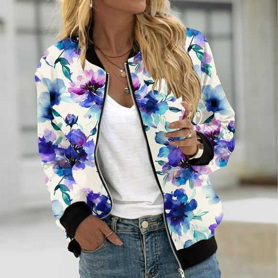 Feancey Womens Lightweight Bomber Jacket Fall Fashion Zip Up Flight Varsity Outwear Floral Printed Casual Long Sleeve Quilted Jacket Fall Thin Coat with Pockets Holiday Sales,Purple,XL