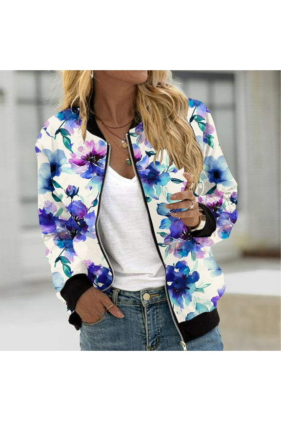 Womens Lightweight Bomber Jacket Fall Fashion Zip Up Flight Varsity Outwear Floral Printed Casual Long Sleeve Quilted Jacket Fall Thin Coat with Pockets Back to College Sale,Purple#2,S