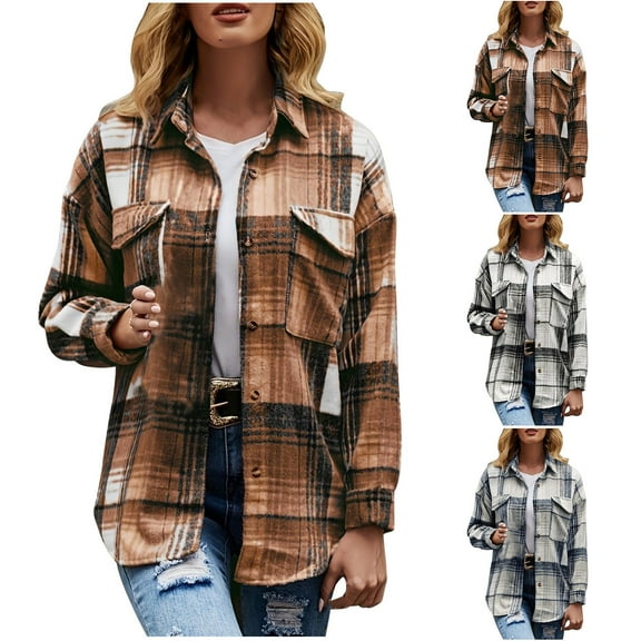 Feancey Womens Lightweight Flannel Shirts Plaid Casual Business Shacket for Women Long Sleeve Buttons Shirt Jackets with Pockets,Gray,XL