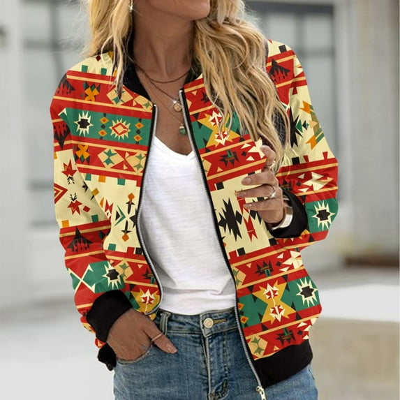 Feancey Womens Lightweight Jackets Casual Zip up Bomber Jacket Western Aztec Printed Thin Coats Spring Fall Windbreaker Outerwear with Pockets Multicolor L