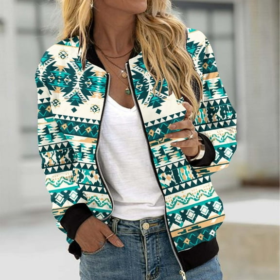 Feancey Womens Lightweight Jackets Casual Zip up Bomber Jacket Western Aztec Printed Thin Coats Spring Fall Windbreaker Outerwear with Pockets Multicolor S