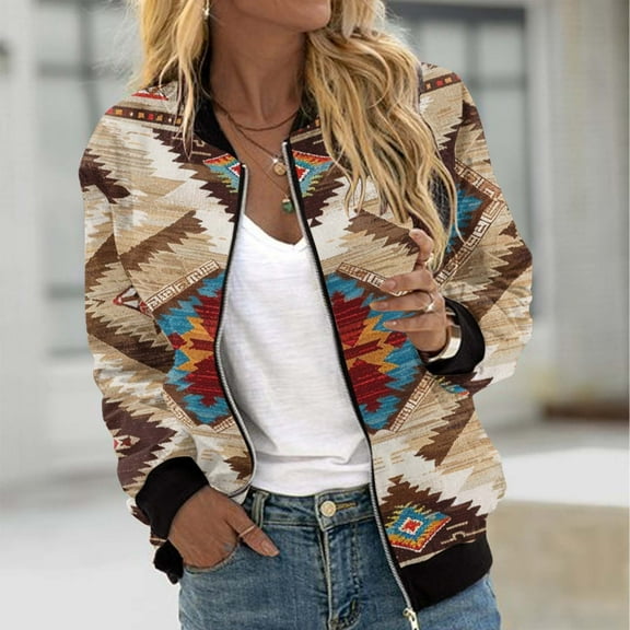 Feancey Womens Lightweight Jackets Casual Zip up Bomber Jacket Western Aztec Printed Thin Coats Spring Fall Windbreaker Outerwear with Pockets Multicolor XL