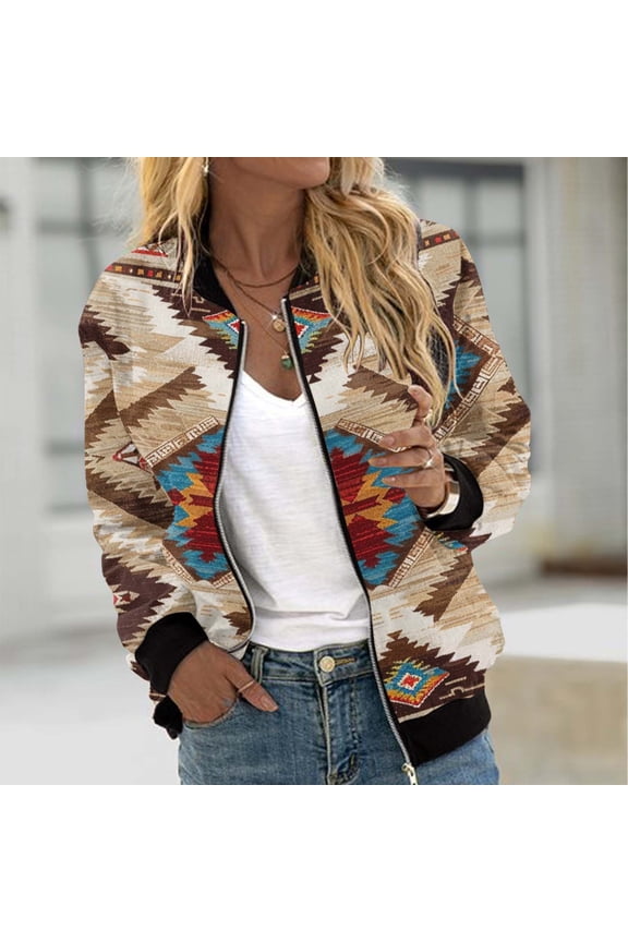 Womens Lightweight Jackets Casual Zip up Bomber Jacket Western Aztec Printed Thin Coats Spring Fall Windbreaker Outerwear with Pockets Multicolor XL