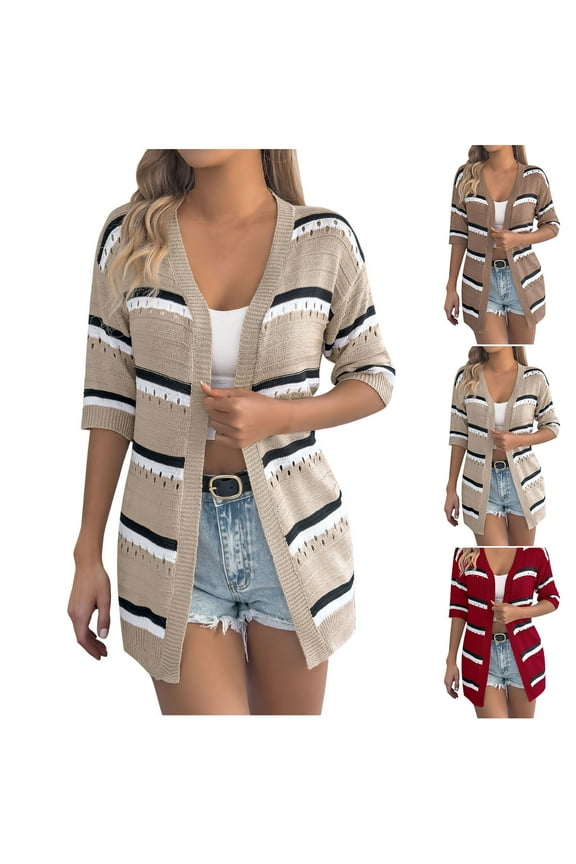 Feancey Womens Lightweight Knitted Cardigan Short Sleeve Striped Sweater Cardigans Loose Casual Open Front Blouse Tops Prime Today Clearance! Wine S