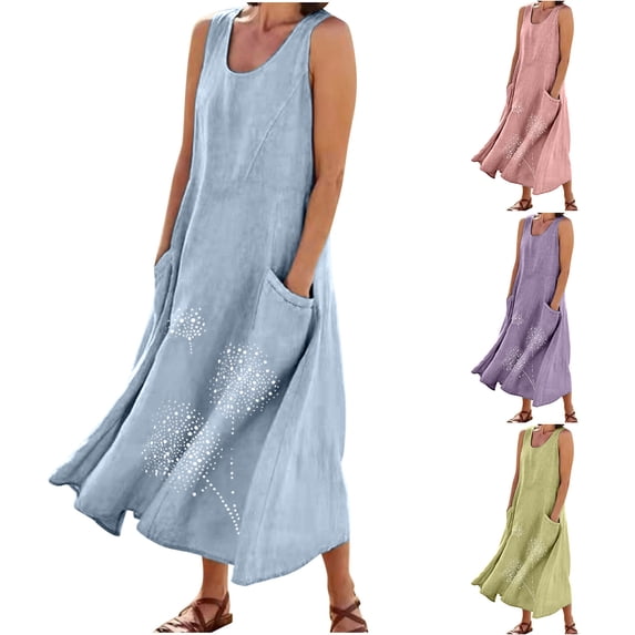 Feancey Womens Linen Beach Dress Summer Sleeveless Round Neck Maix Dresses 2025 Casual Vacation Loose Dress Solid Color Flowy Sundress with Pockets Daily Sales