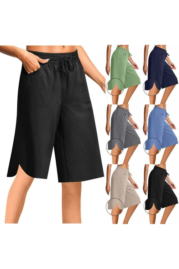 Womens Linen Bermuda Shorts Side Slit Casual High Waist Beach Shorts Loose Fit Drawstring Knee Lenth Shorts with Pockets Blue S