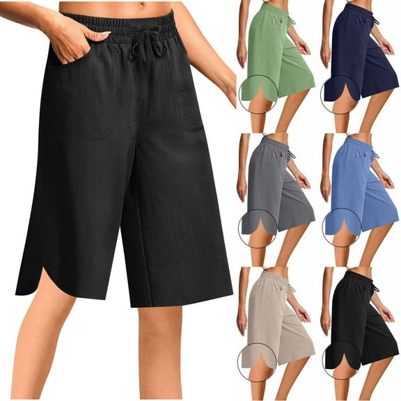 Feancey Womens Linen Bermuda Shorts Side Slit Casual High Waist Beach Shorts Loose Fit Drawstring Knee Lenth Shorts with Pockets Khaki L