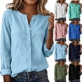thumbnail image 1 of Feancey Womens Linen Button Down Shirts Long Sleeve Collarless Summer Shirt Solid Color Casual Business Work Blouses Trendy Clothes Blue S, 1 of 10