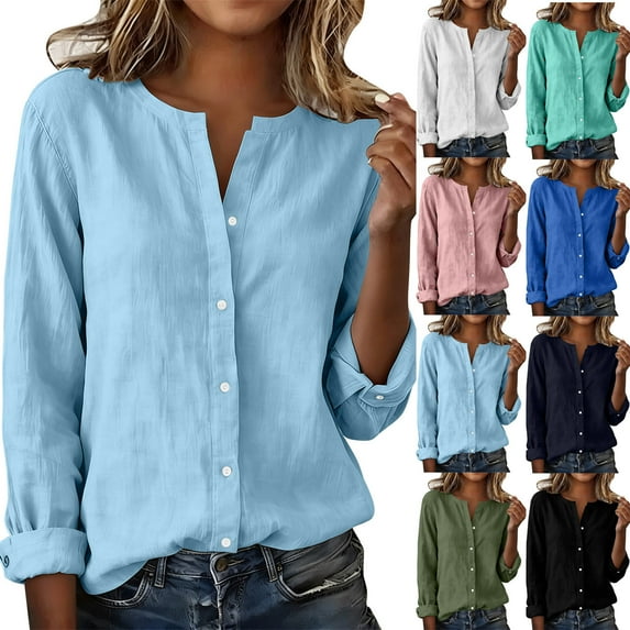 Feancey Womens Linen Button Down Shirts Long Sleeve Collarless Summer Shirt Solid Color Casual Business Work Blouses Trendy Clothes Light Blue XXL