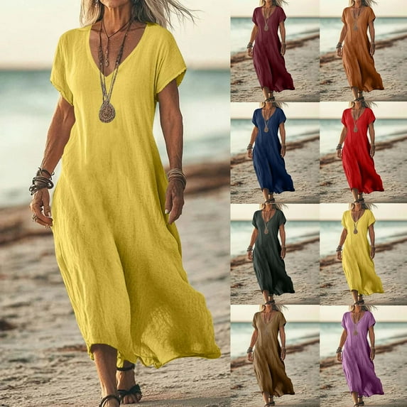 Feancey Womens Linen Maxi Dresess Summer Short Sleeve V Neck T-Shirt Dress Flowy Vintage Beach Vacation Dresses Loose Fit Casual Shift Dress Wine M