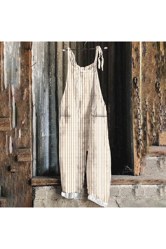 Womens Linen Overalls 2025 Summer Sleeveless Striped Rompers Adjustable Strap Casual Wide Leg Jumpsuits with Pockets Beige 4XL