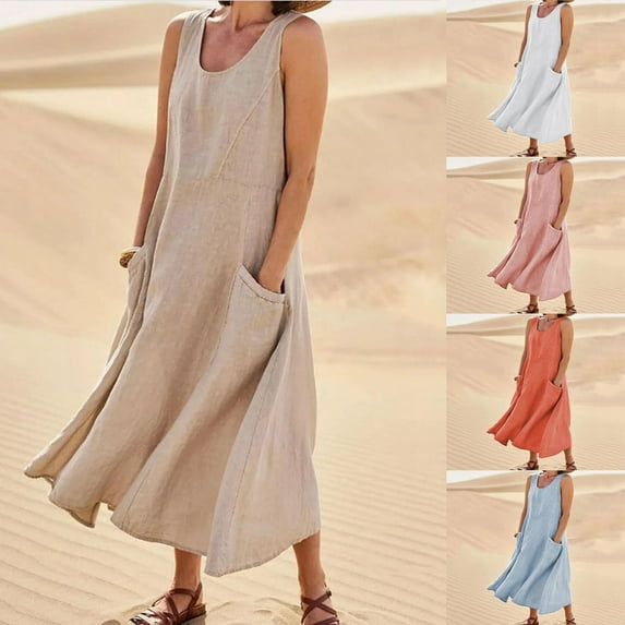 Feancey Womens Linen Plus Size Dresses 2025 Loose Casual Maxi Dresses Summer Sleeveless U Neck Beach Sundress Flowy Swing Long Dress with Pockets Daily Sales