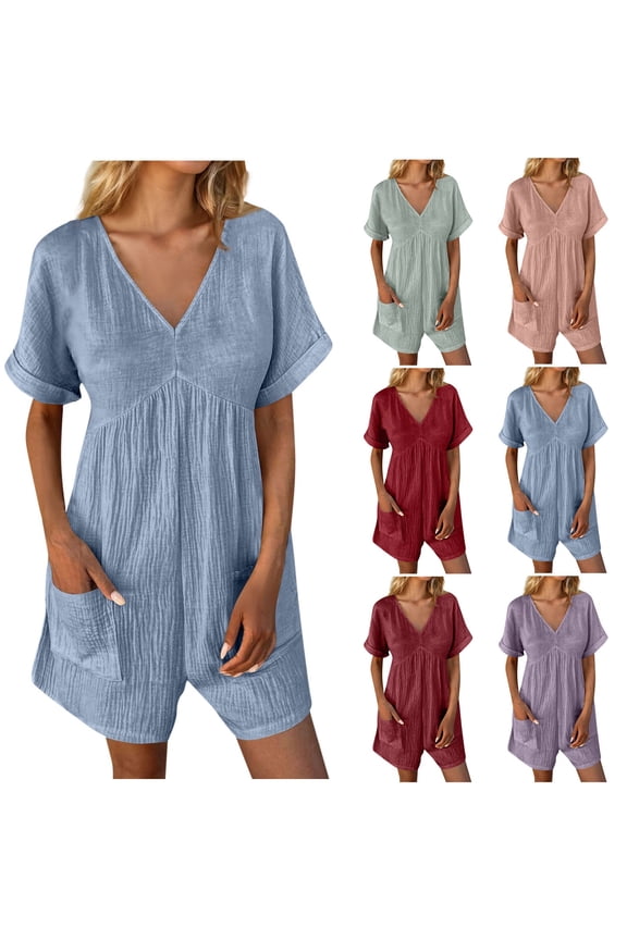Womens Linen Romper Shorts Summer Roll-up Short Sleeve V Neck Jumpsuits Loose Fit Casual Beach Vacation Overalls with Pockets Mint Green XXL