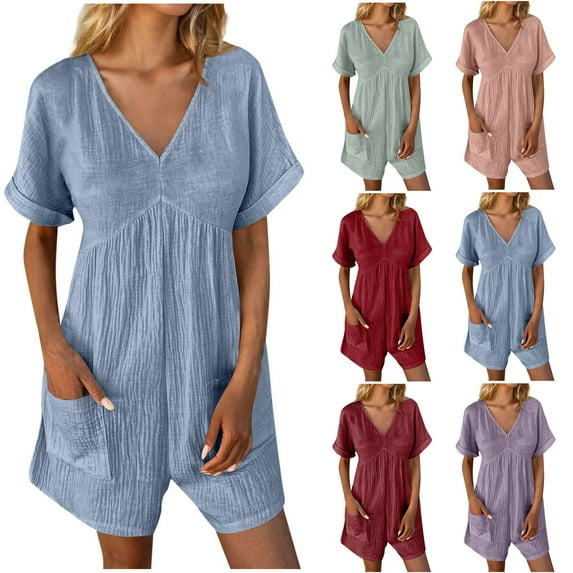 Feancey Womens Linen Romper Shorts Summer Roll-up Short Sleeve V Neck Jumpsuits Loose Fit Casual Beach Vacation Overalls with Pockets Red XL