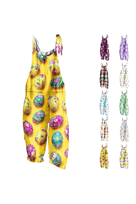 Womens Linen Rompers Easter Day Cute Eggs Graphic Wide Leg Jumpsuits Dressy Casual Adjustable Strap Sleeveless Bib Overalls with Pockets Multicolor XL