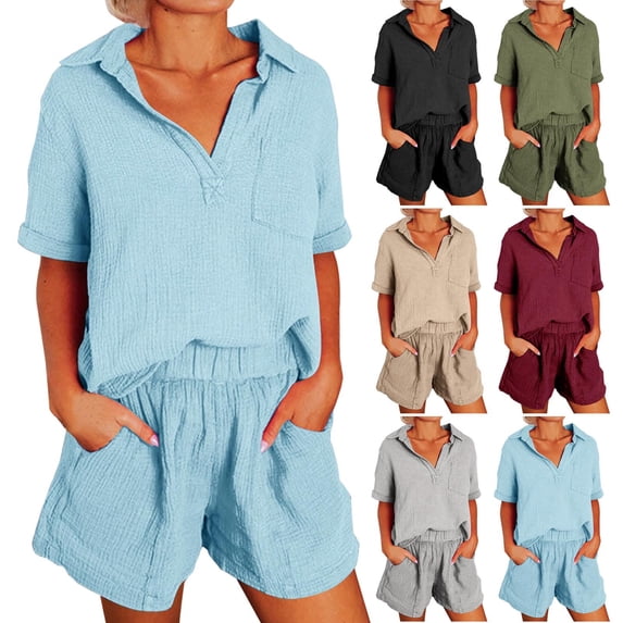 Feancey Womens Linen Two Piece Set 2025 Summer Casual 2 Piece Shorts Sets Solid Color Short Sleeve Lapel V Neck Top and Short Pants Travel Outfits Spring Sales Black XXL