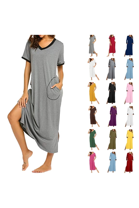 Womens Long Sleeve Nightgown Cotton Casual Loose V Neck Maxi Dresses Side Split Long Sleepwear Fall Comfy Soft Nightwear with Pockets,Army Green,XXL