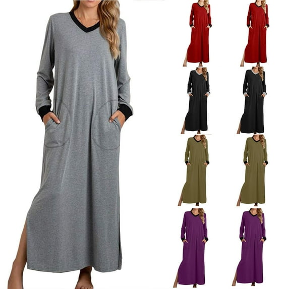 Feancey Womens Long Sleeve Nightgown Cotton Casual Loose V Neck Maxi Dresses Side Split Long Sleepwear Fall Comfy Soft Nightwear with Pockets,Red,M