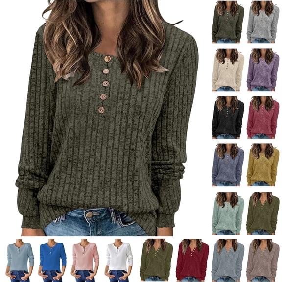 Feancey Womens Long Sleeve Sweaters Henley V Neck Tunic Tops Fall Casual Button Up Blouse Solid Color Loose Knitted Shirt Pullover Tees Blue M