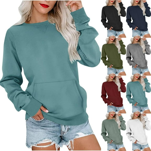 Feancey Womens Long Sleeve Sweatshirts Casual Crewneck Cute Pullover Tops Fall Fashion Tunic Sweatshirt with Kangaroo Pocket Gray L